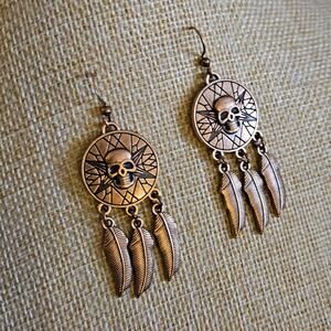 Antique Gold Skull and Feather Earrings